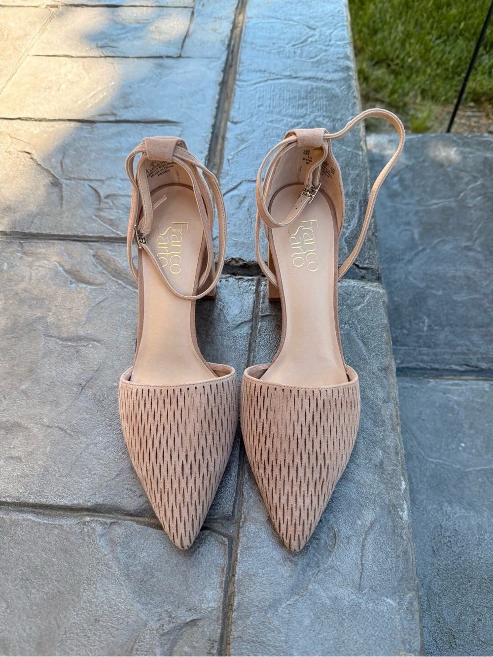 Nude Pointed Ankle-Strap Heels